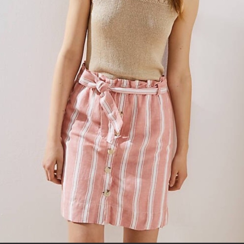 Loft Pink Striped Tie Waist Button Skirt - MEDIUM
